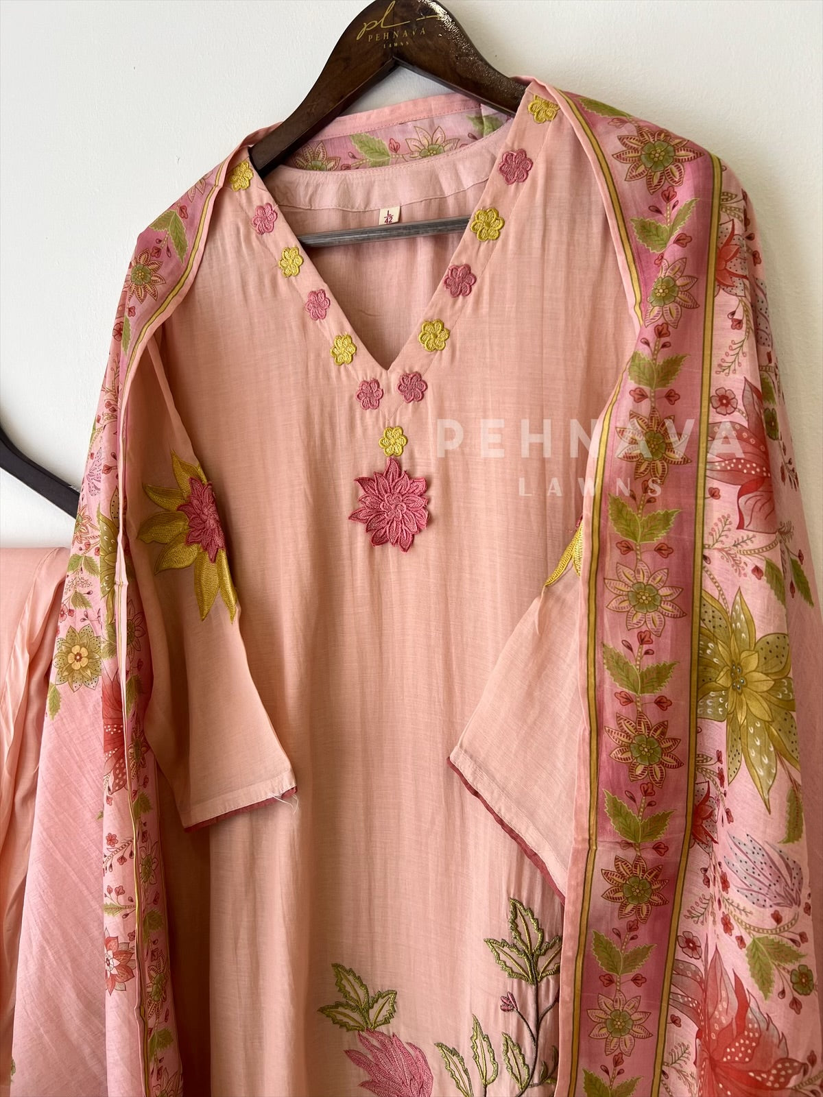 Floral Embroidered with Appliqué Chanderi Suit - Pehnava Lawns