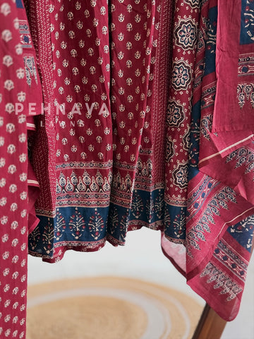 Pleated Yoke Ajrak Printed Suit
