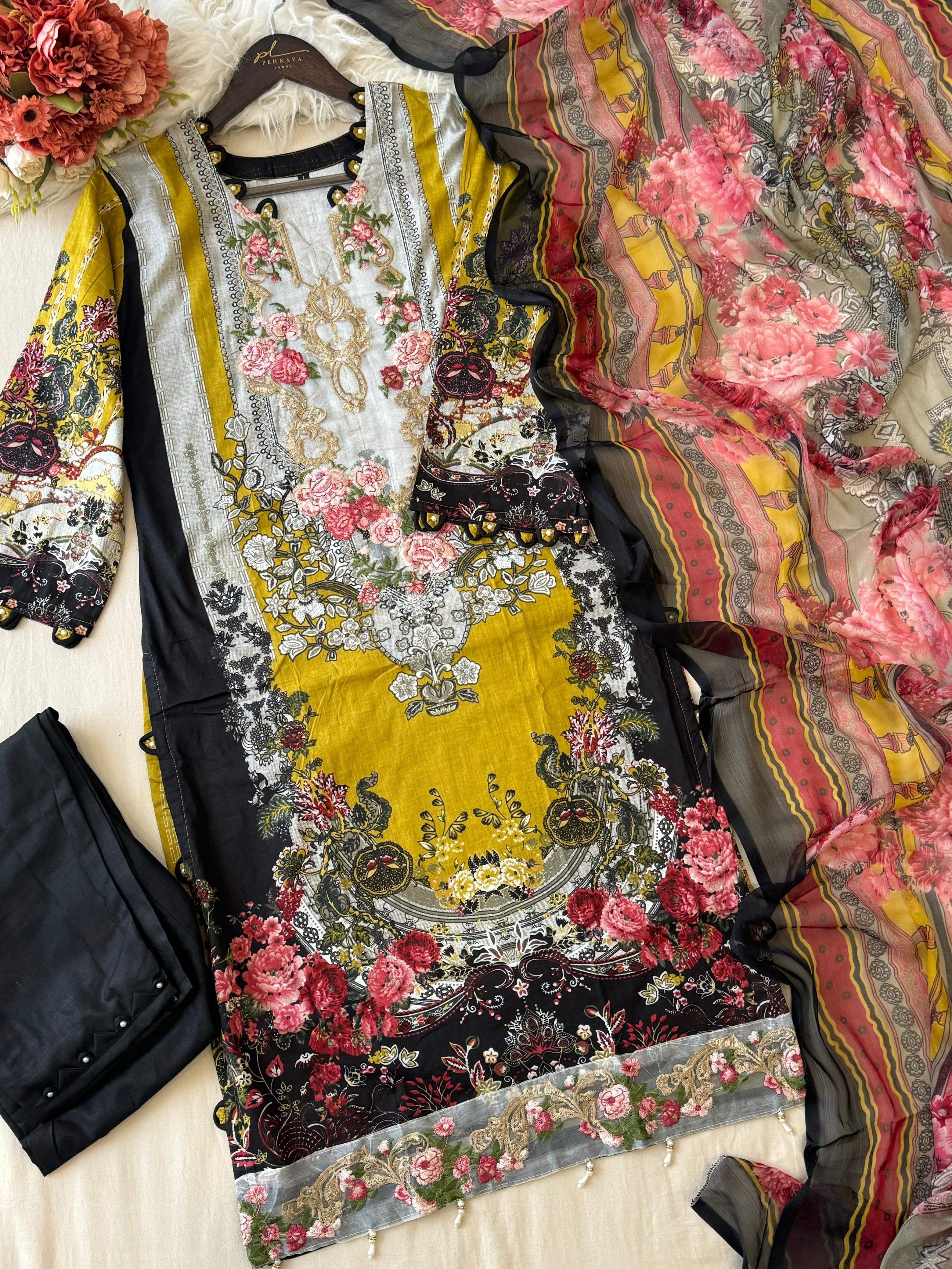 Vintage Floral Charm Mustard Suit With Printed Dupatta