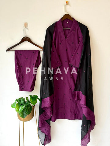 Women's V-Neck Embroidered Cotton Suit Set with Dupatta | Style | Pehnava