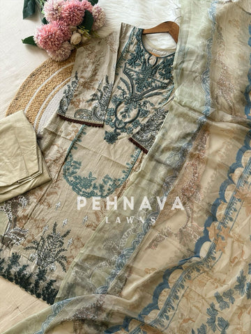 Pakistani printed cotton suit with embroidered patches -9083