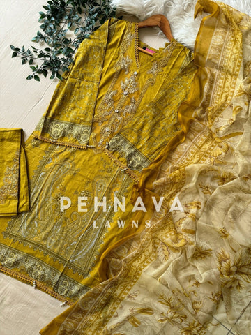 Printed Casual Suit with organza patches-yellow 495