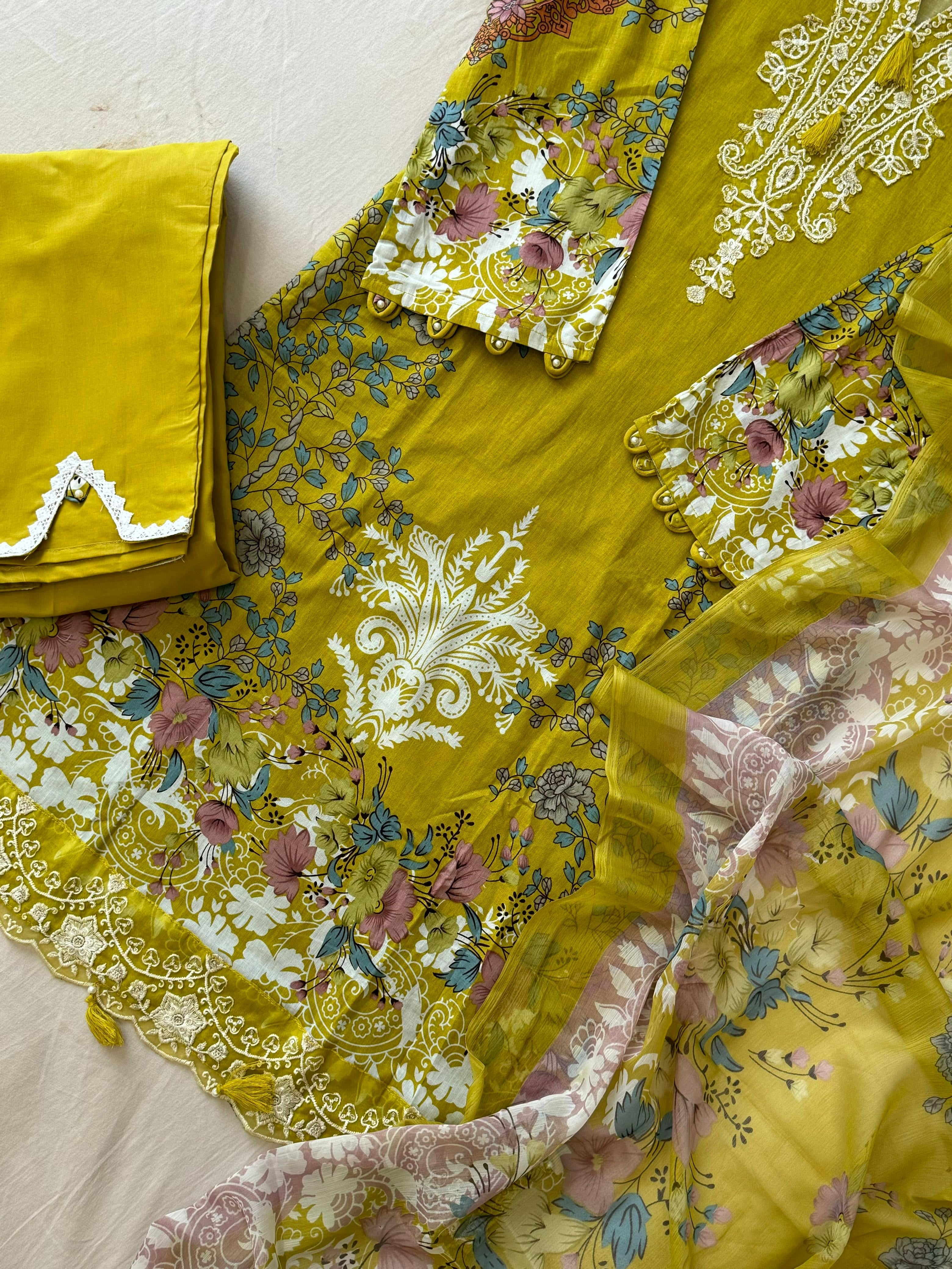 Yellow Floral Printed Pak-Suit 3755