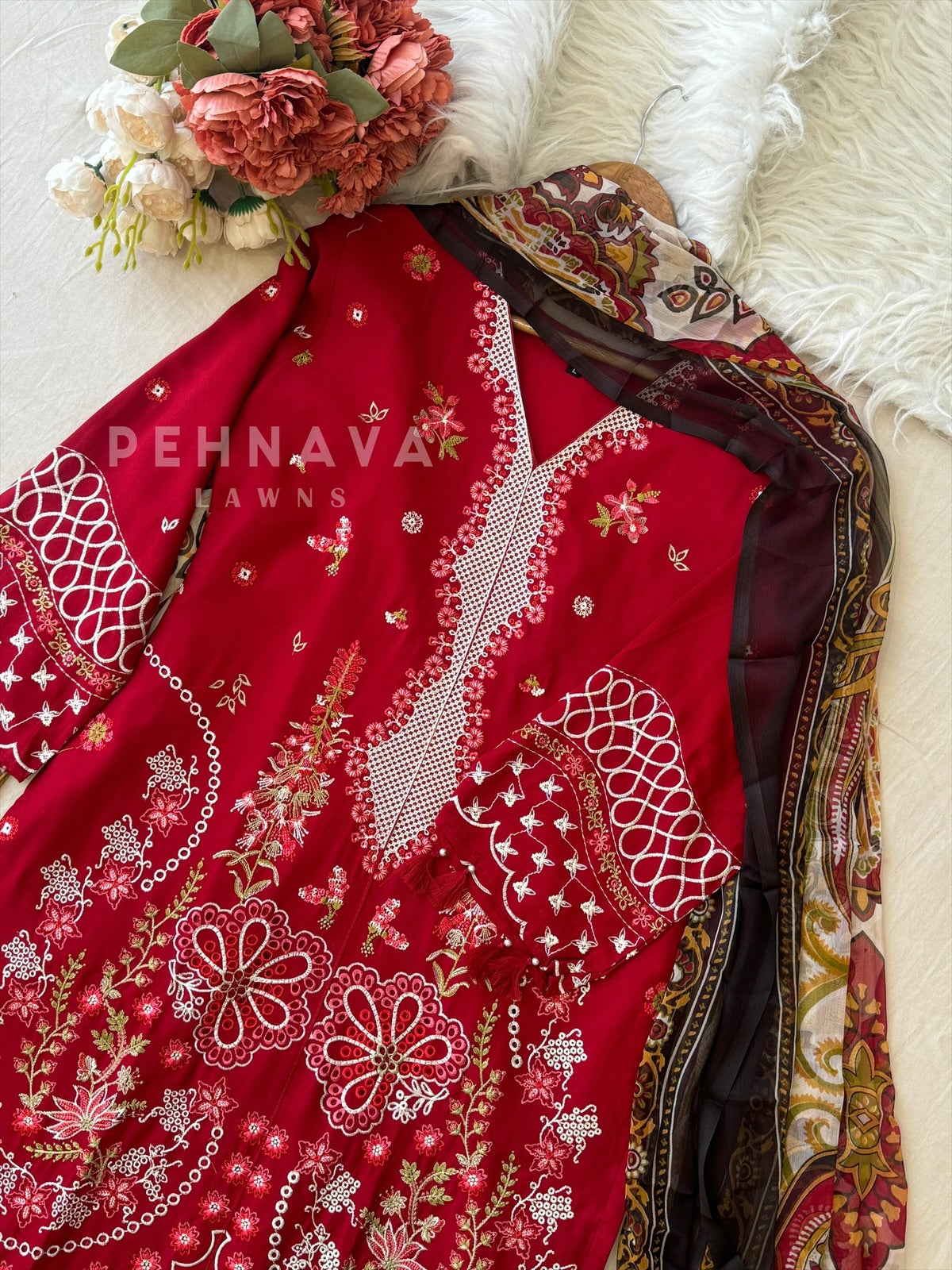 Red Semi-stitched Embroidered Rayon Suit 1451 - Pehnava Lawns