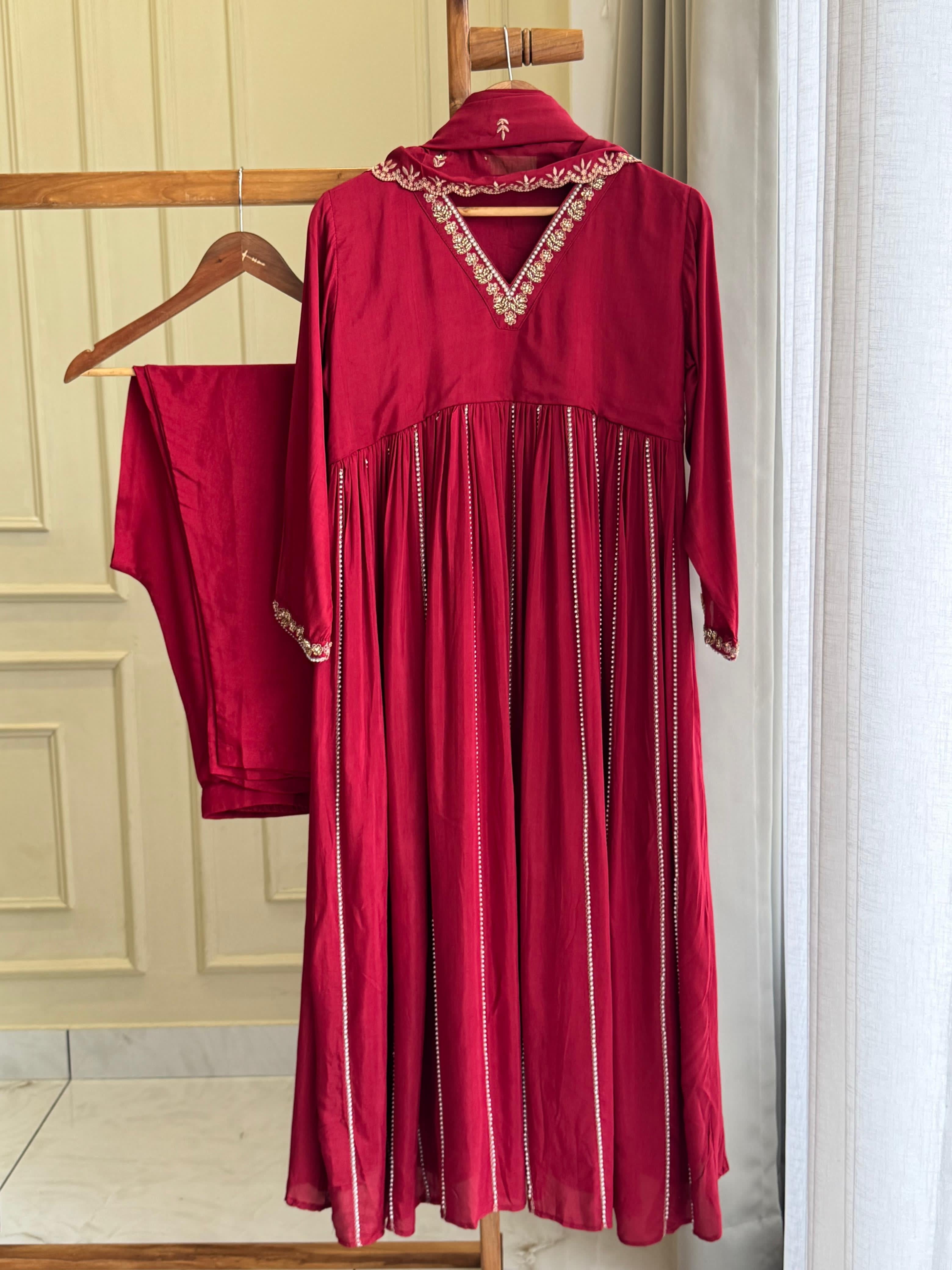 Rayon Anarkali Pleated suit with Pearl detailings