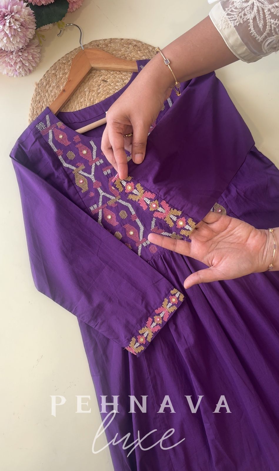 Cotton pleated Anarkali suit with Embroidery detailings