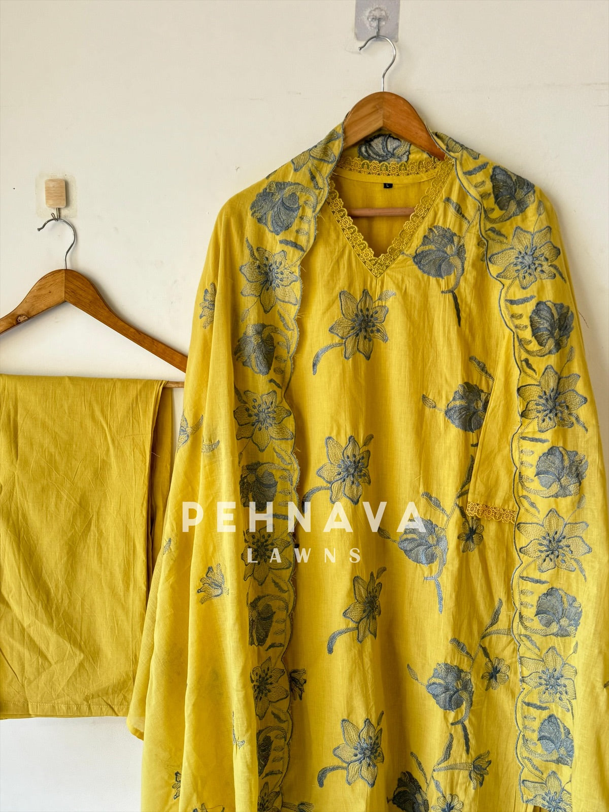 Yellow Embroidered Premium Cotton Suit Set