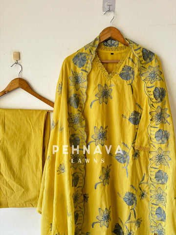 Yellow Embroidered Premium Cotton Suit Set