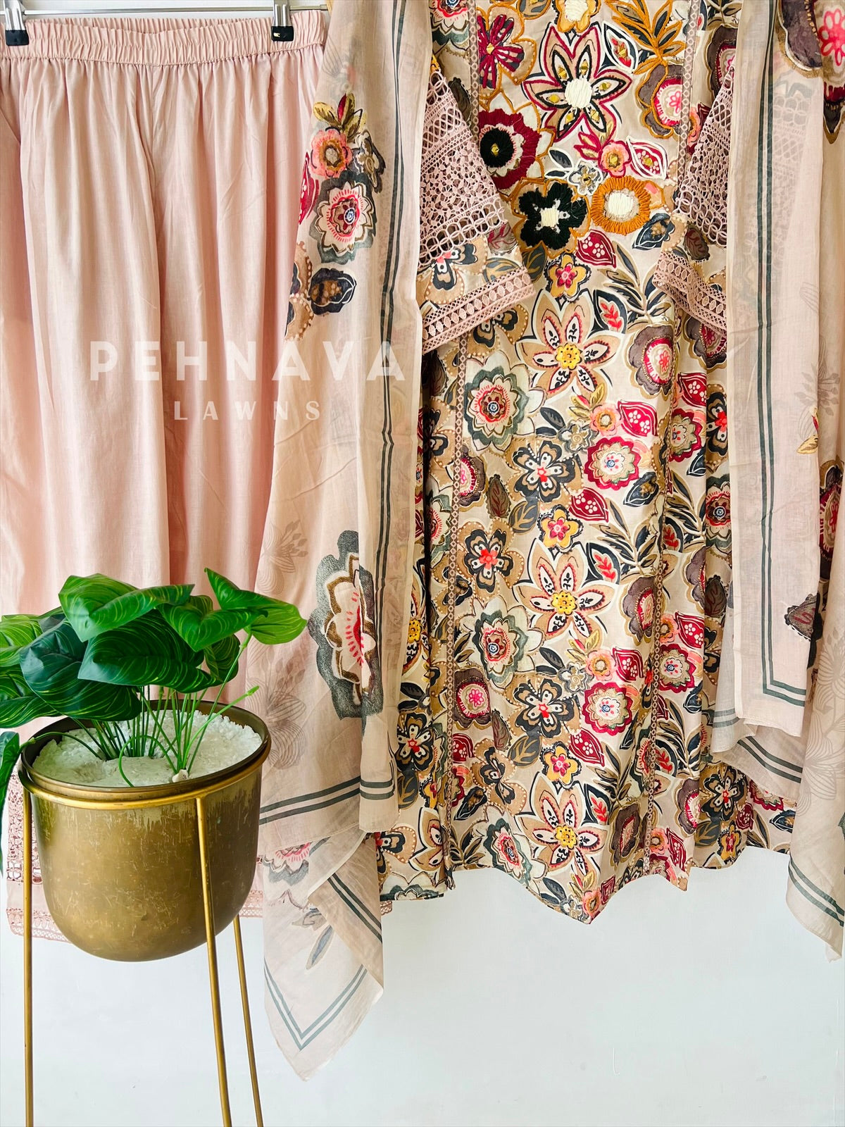 Floral Print Cotton Suit with Lace-17144 - Pehnava Lawns
