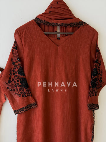 Crushed Cotton Embroidered Ensemble