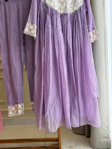 Mul Chandheri Anarakali suit with embroidery detailings