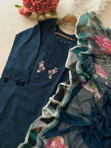Premium Blue Pak-Suit With Chiffon Dupatta - Pehnava Lawns
