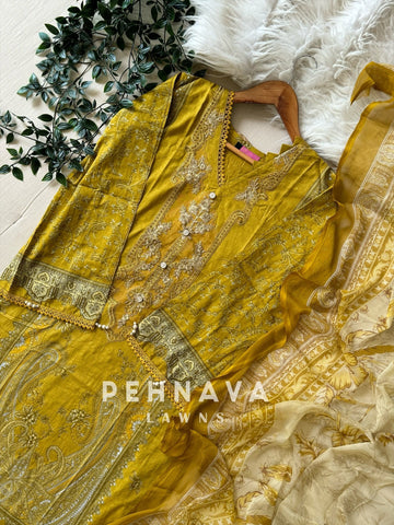 Printed Casual Suit with organza patches-yellow 495