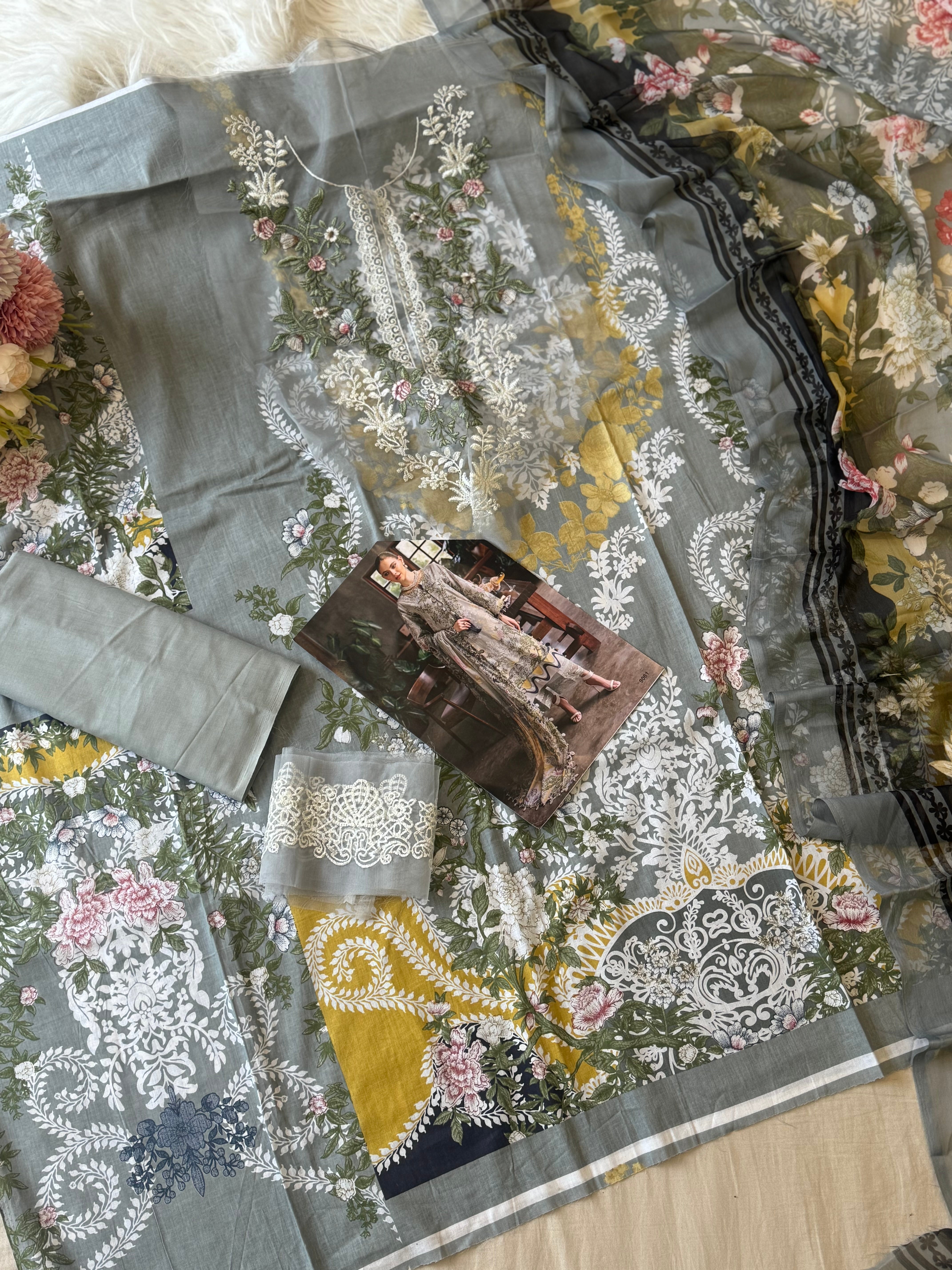 Pakistani printed cotton suit with embroidered patches -9081