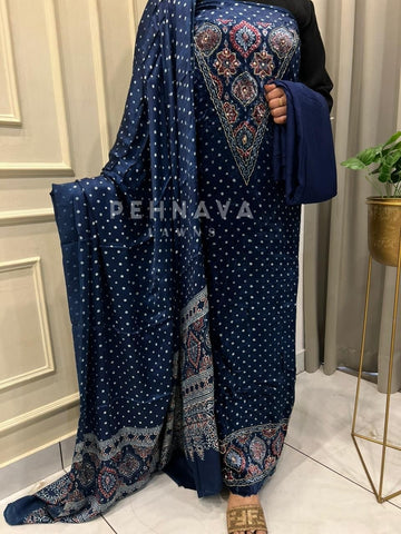 V-Neck Velvet Touch Ajrakh Suit - Pehnava Lawns