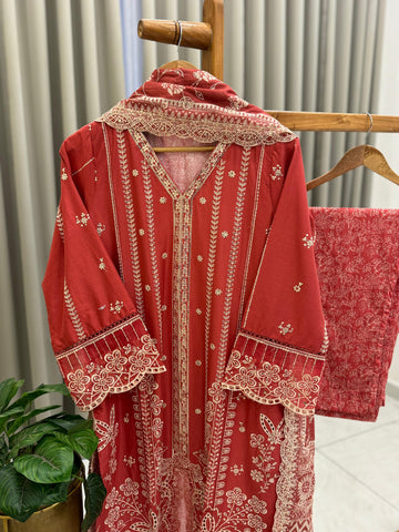 Premium Floral Embroidery Red Suit
