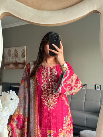 Floral printed with embroidery detailed suit - Pehnava Lawns