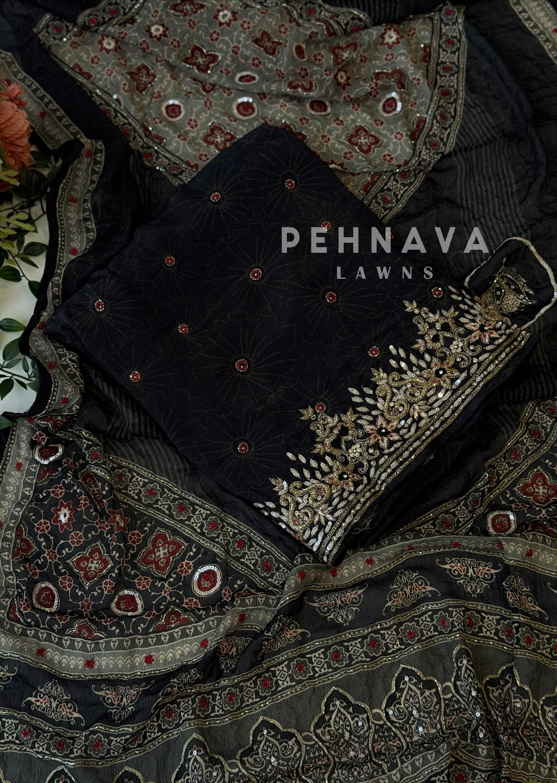 Ajrak Printed Handworked Unstitched Suit