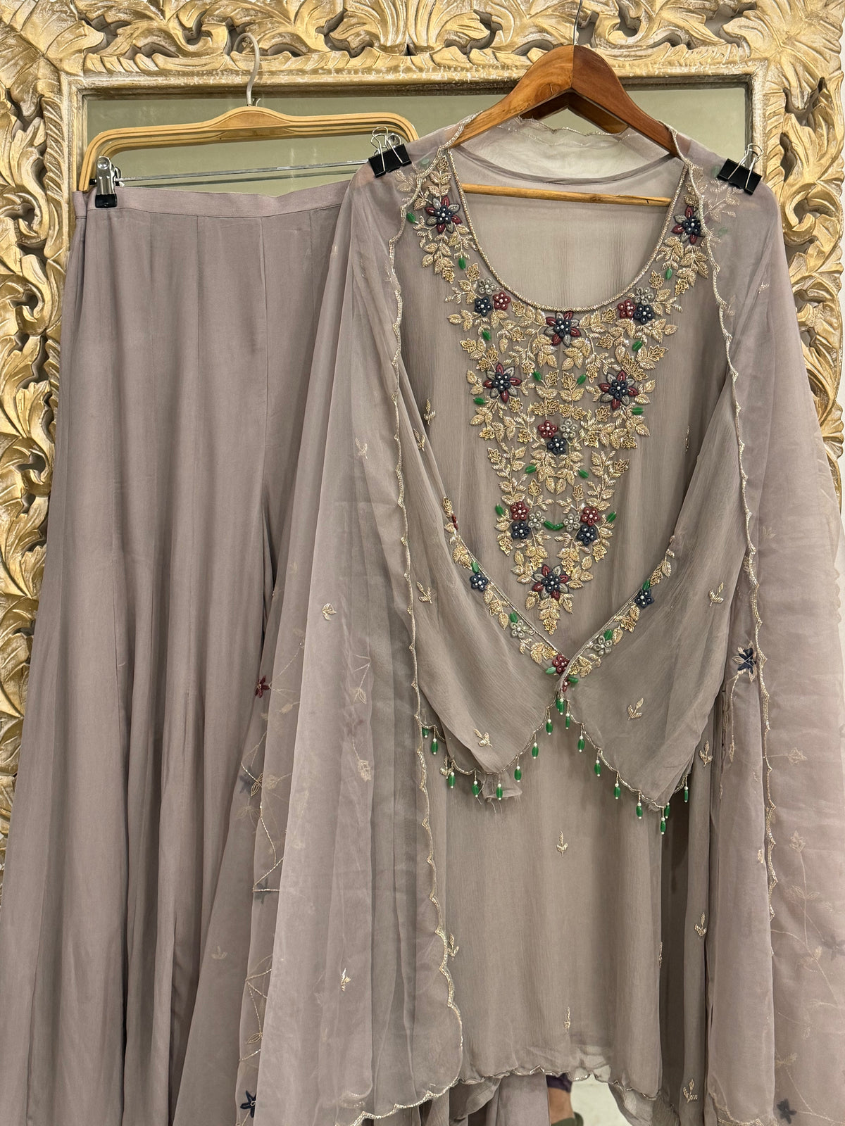 Premium Chiffon handwork suit withpalazzo bottom and organza  hand  worked dupatta