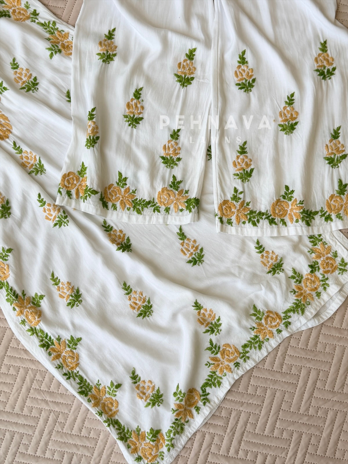 White & Gold Chikankari Rayon Kurta Set