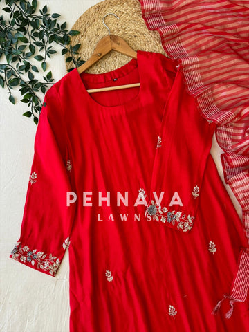 Vibrant Red Pure Chanderi Suit