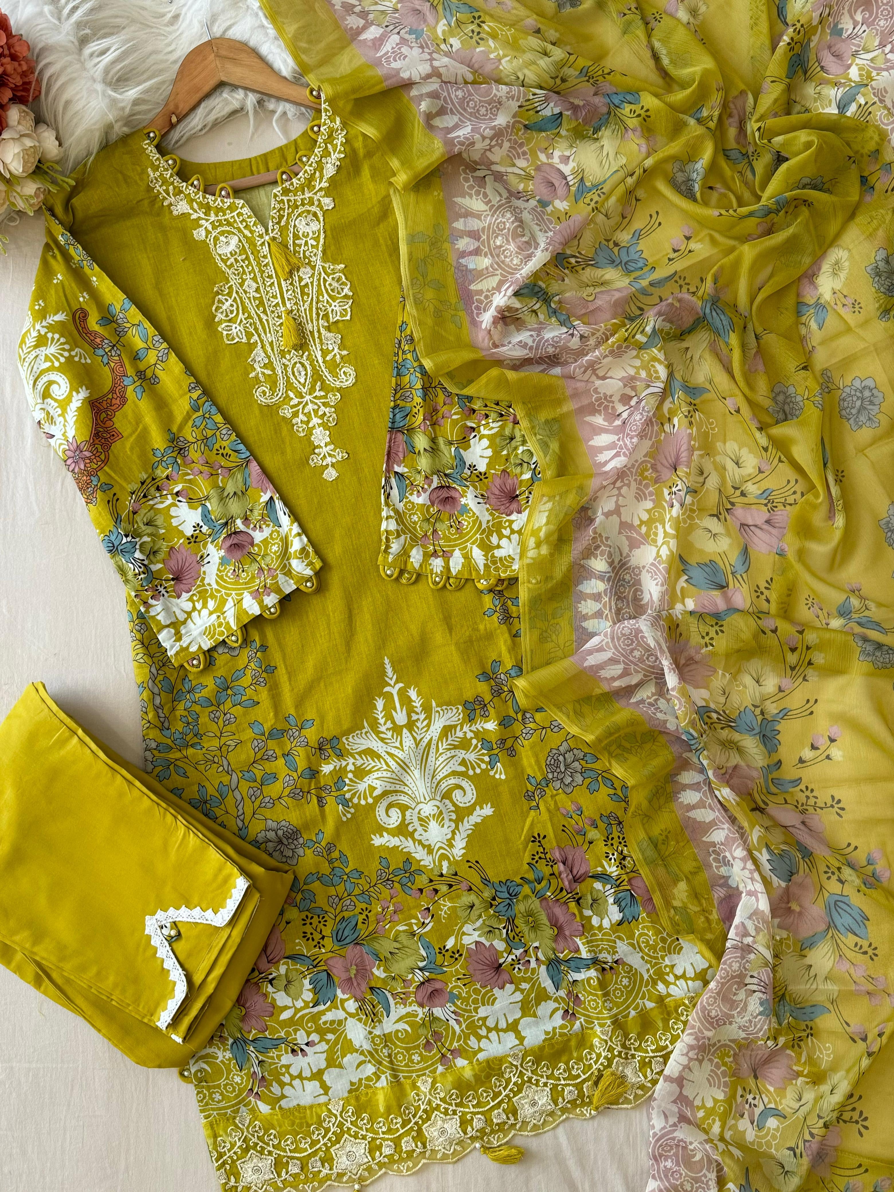 Yellow Floral Printed Pak-Suit 3755