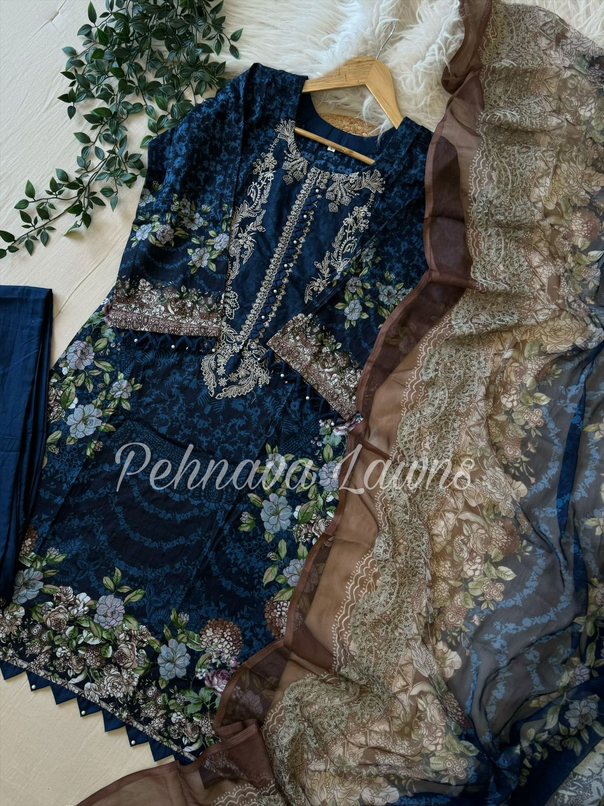 Cotton Embroidered Suit with Chiffon/Cotton Dupatta 1096