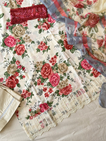 Floral Unstitched Suit with Chiffon Dupatta-1329A