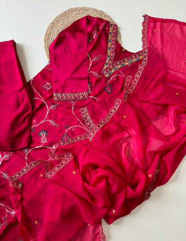 Silk hand detailed suit with orgnaza scalloped dupatta