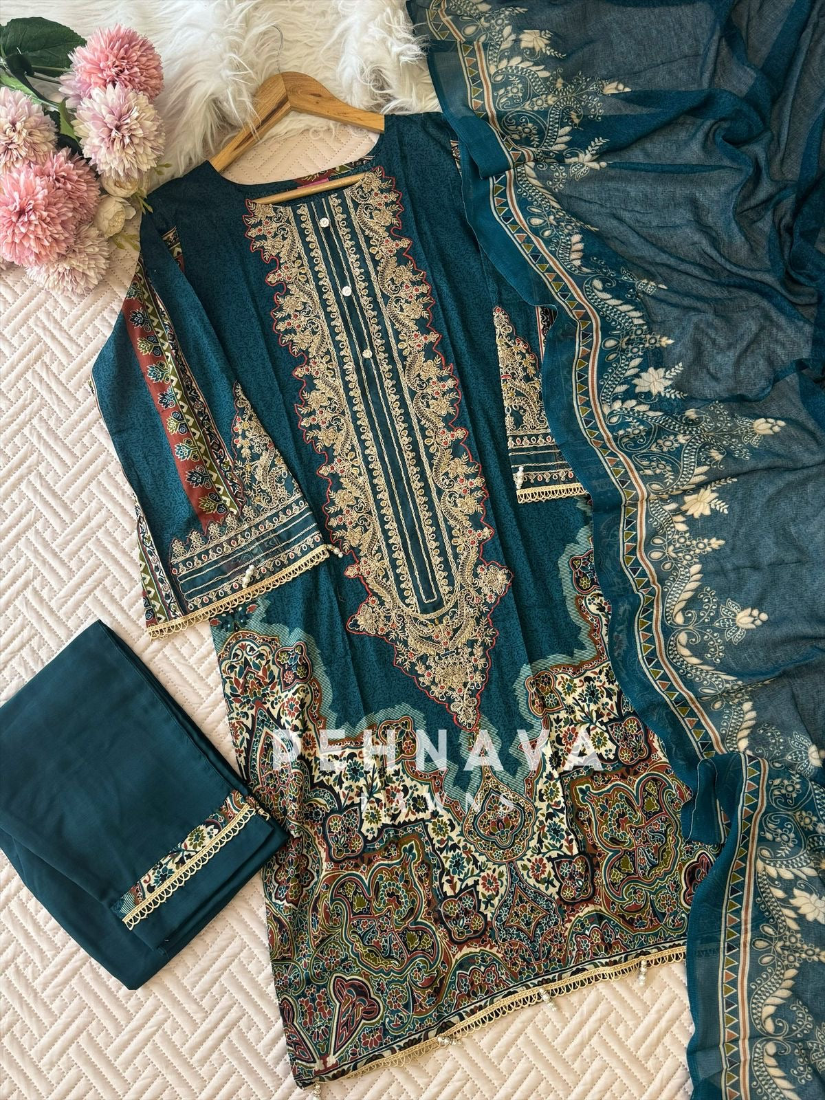 Printed casual suit with chiffon dupatta