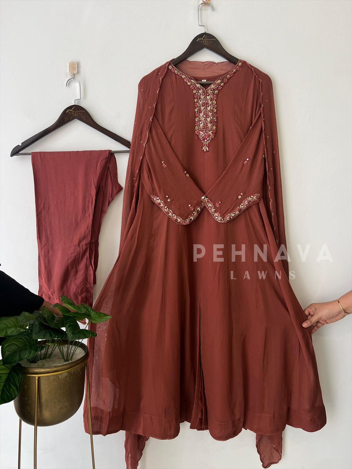 Full-flaired front slitted Gown with hand and Neck detailings - Pehnava Lawns