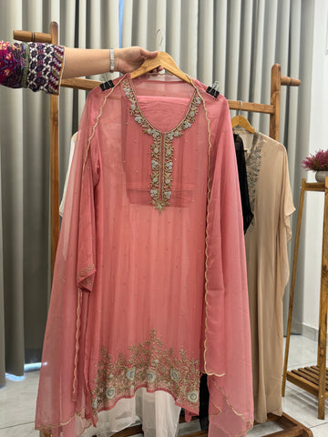 Premium chiffon handwork semi-stitched suit-pink