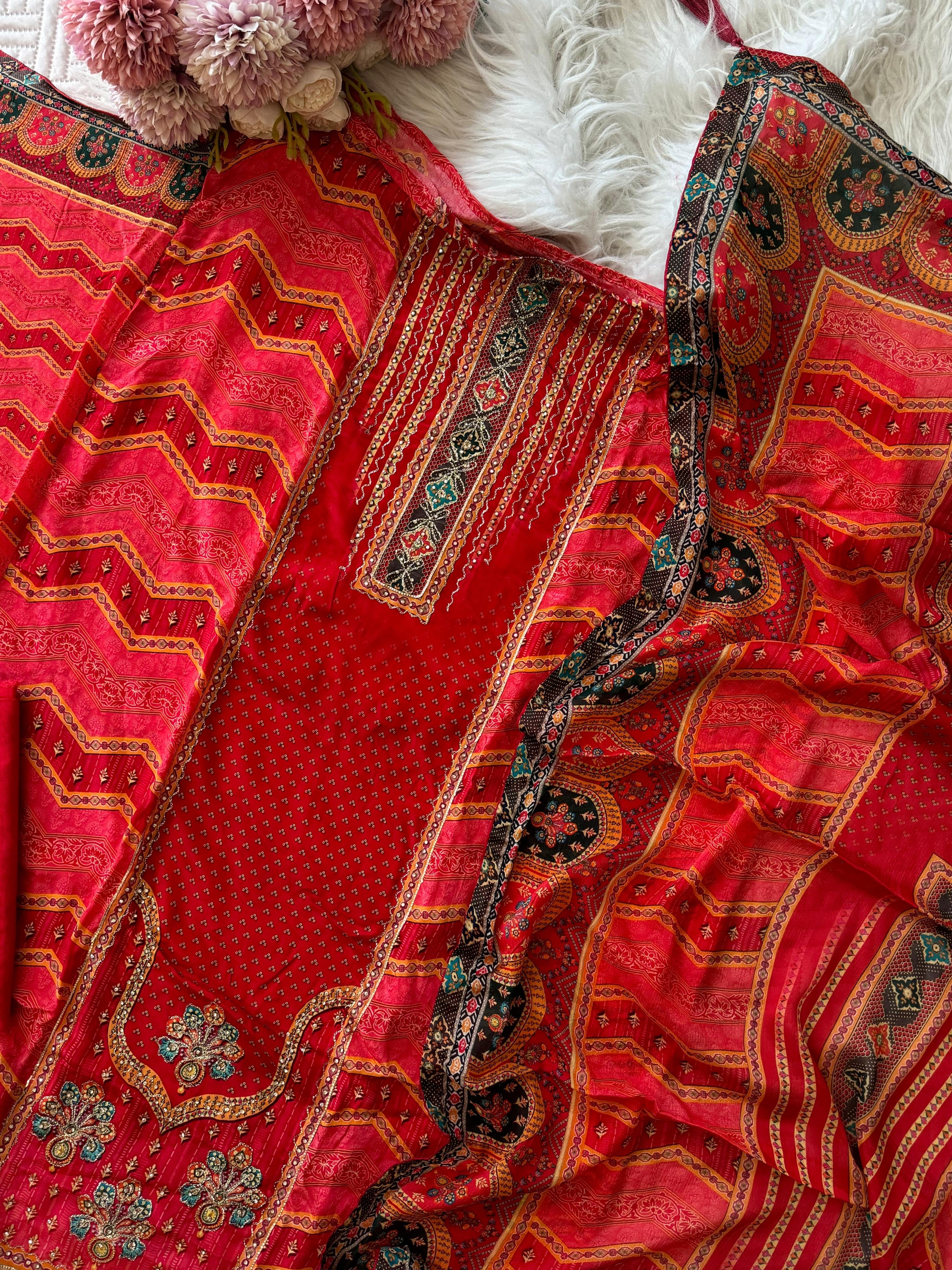 Red Party wear Crepe Suit-2001