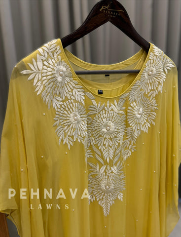 Heavy Embroidery With Pearl Detail kafthan yellow