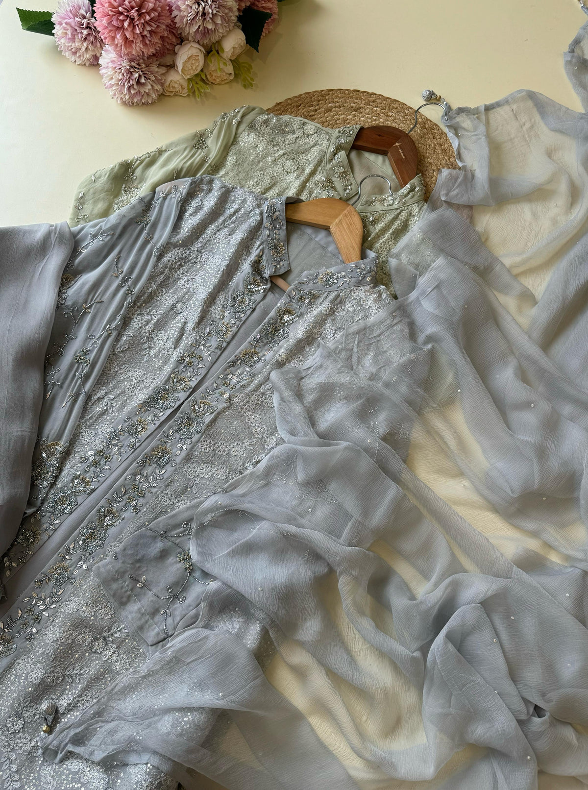 Glamorous Chiffon Suit Featuring Silver handworked jackets-