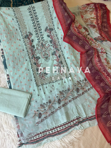 Embroidered cotton suit with chiffon dupatta -blue/pink 3374