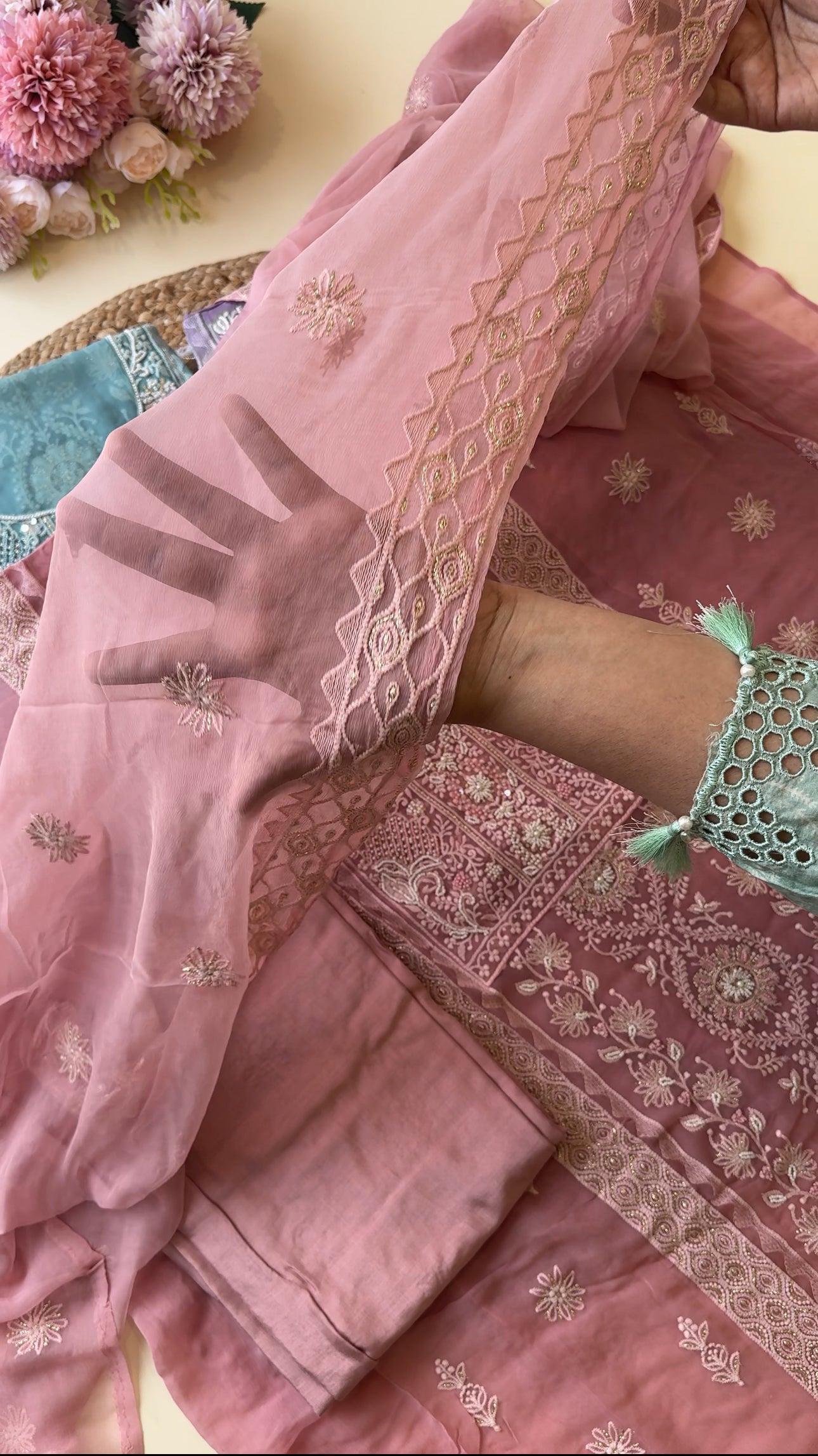 Pure chiffon chikankari handworked suit-9936