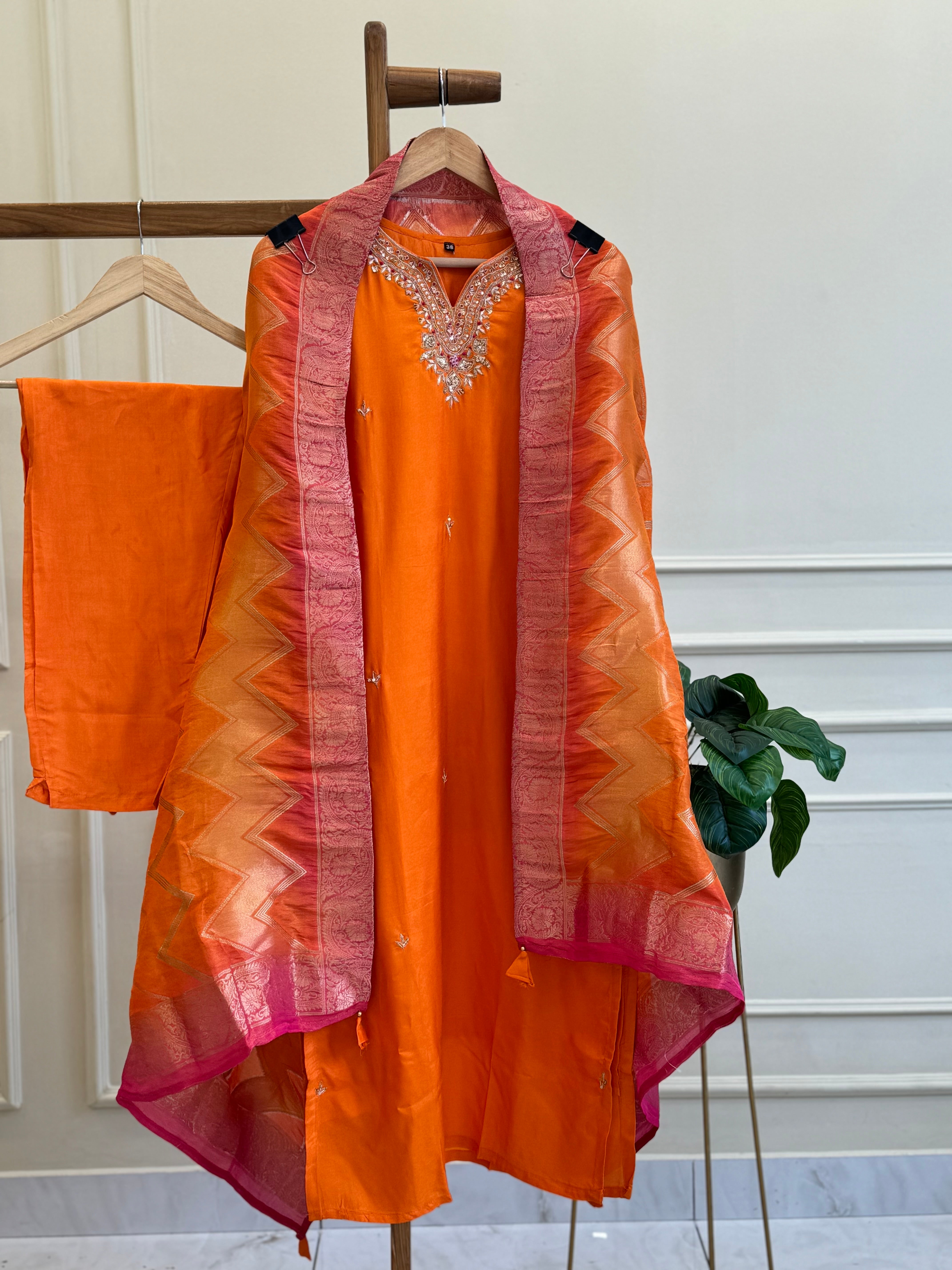 Silk hand detailed suit with banarsi woven Dupatta-8519