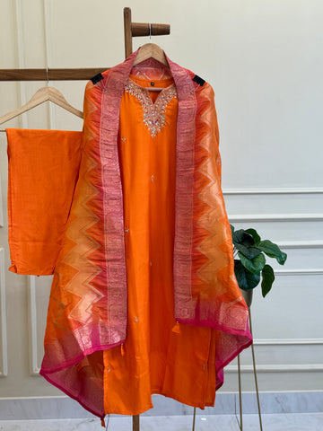 Silk hand detailed suit with banarsi woven Dupatta-8519