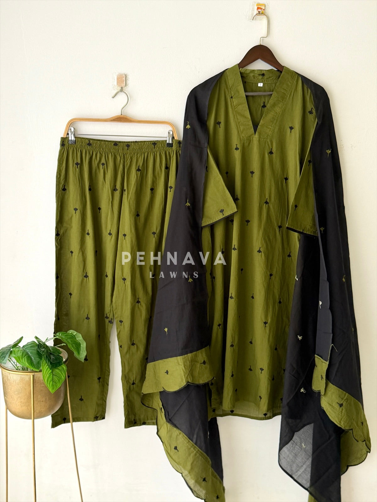 Women's V-Neck Embroidered Cotton Suit Set with Dupatta | Style | Pehnava
