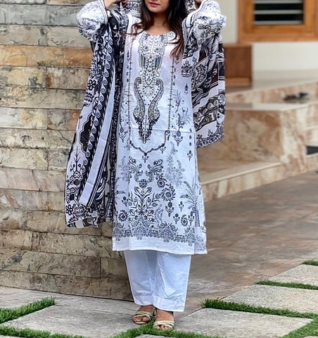 White Printed Unstitched Suit 3973