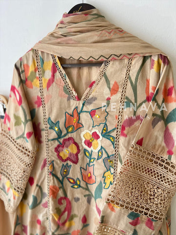 Floral Print Cotton Suit with Lace(5-7 Days Dispatching Time)