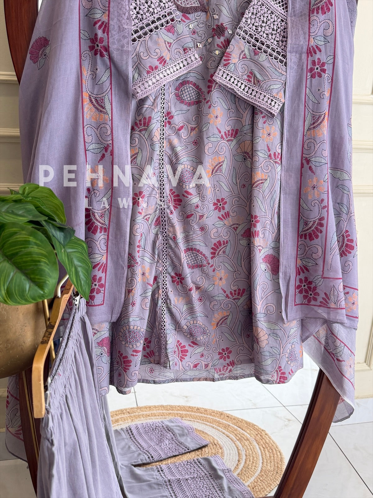 Floral Print Cotton Suit with Lace