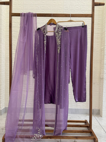 Premium Chiffon handworeked jacket style with scalloped organza dupatta2139