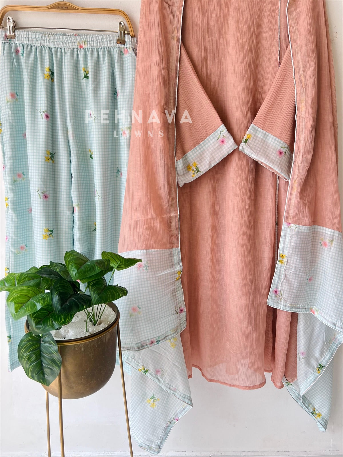 Floral Print Check Ensemble-4346