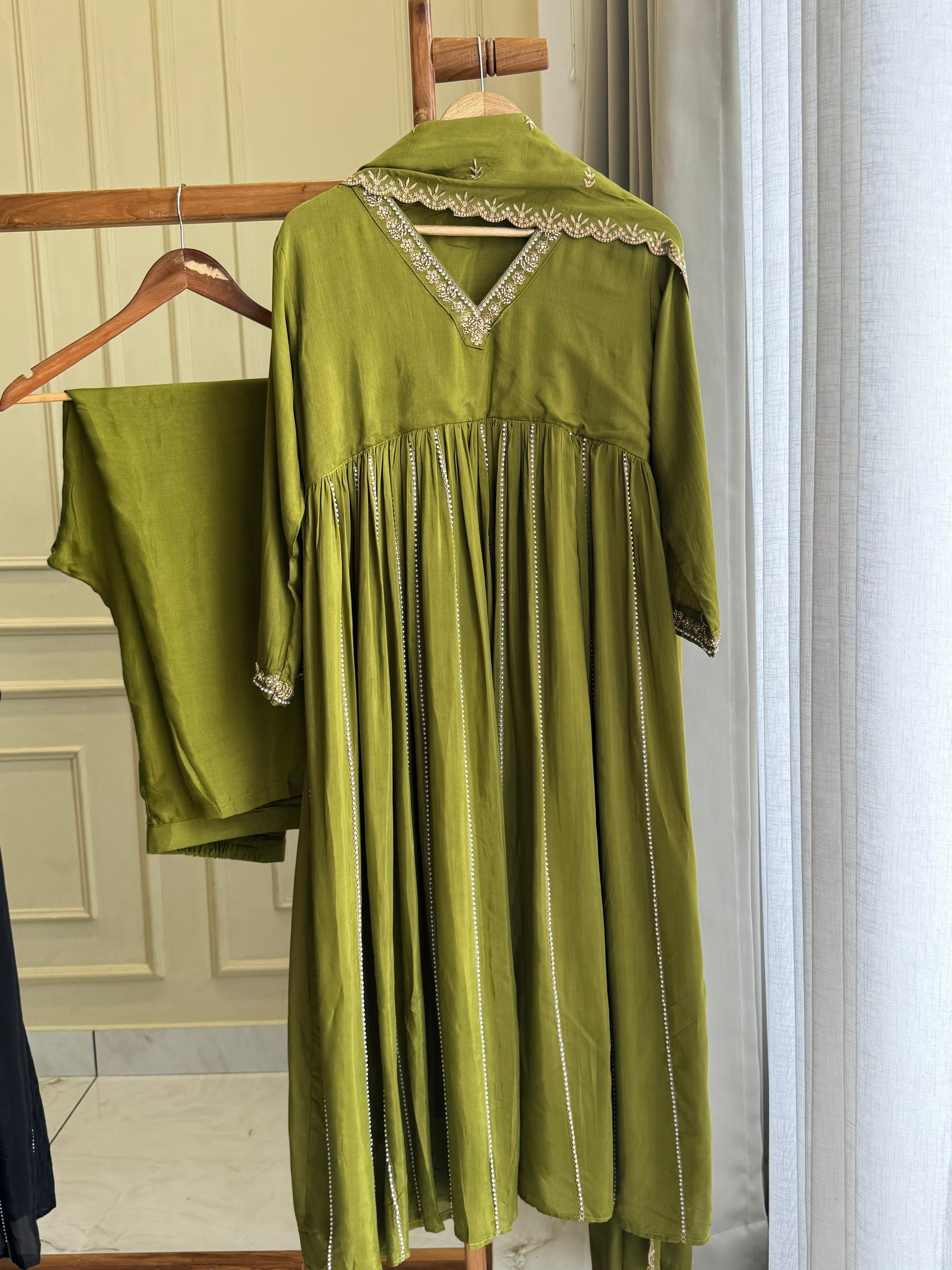 Rayon Anarkali Pleated suit with Pearl detailings