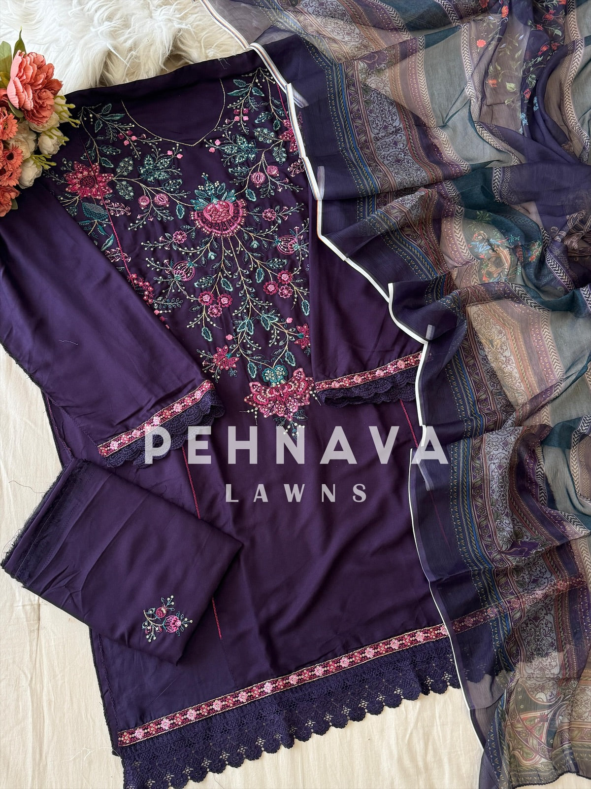 Floral Embroidered Rayon Suit