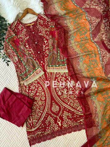 Red Floral Printed Suit-1282