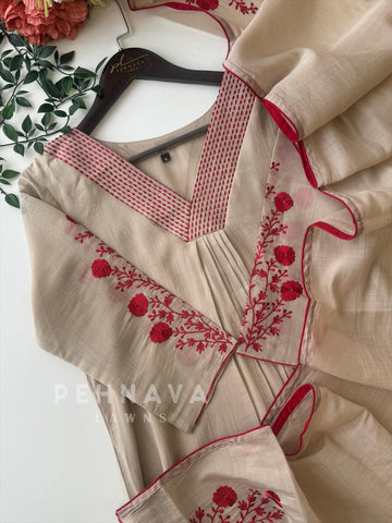Chanderi Floral Embroidered A-line Suit
