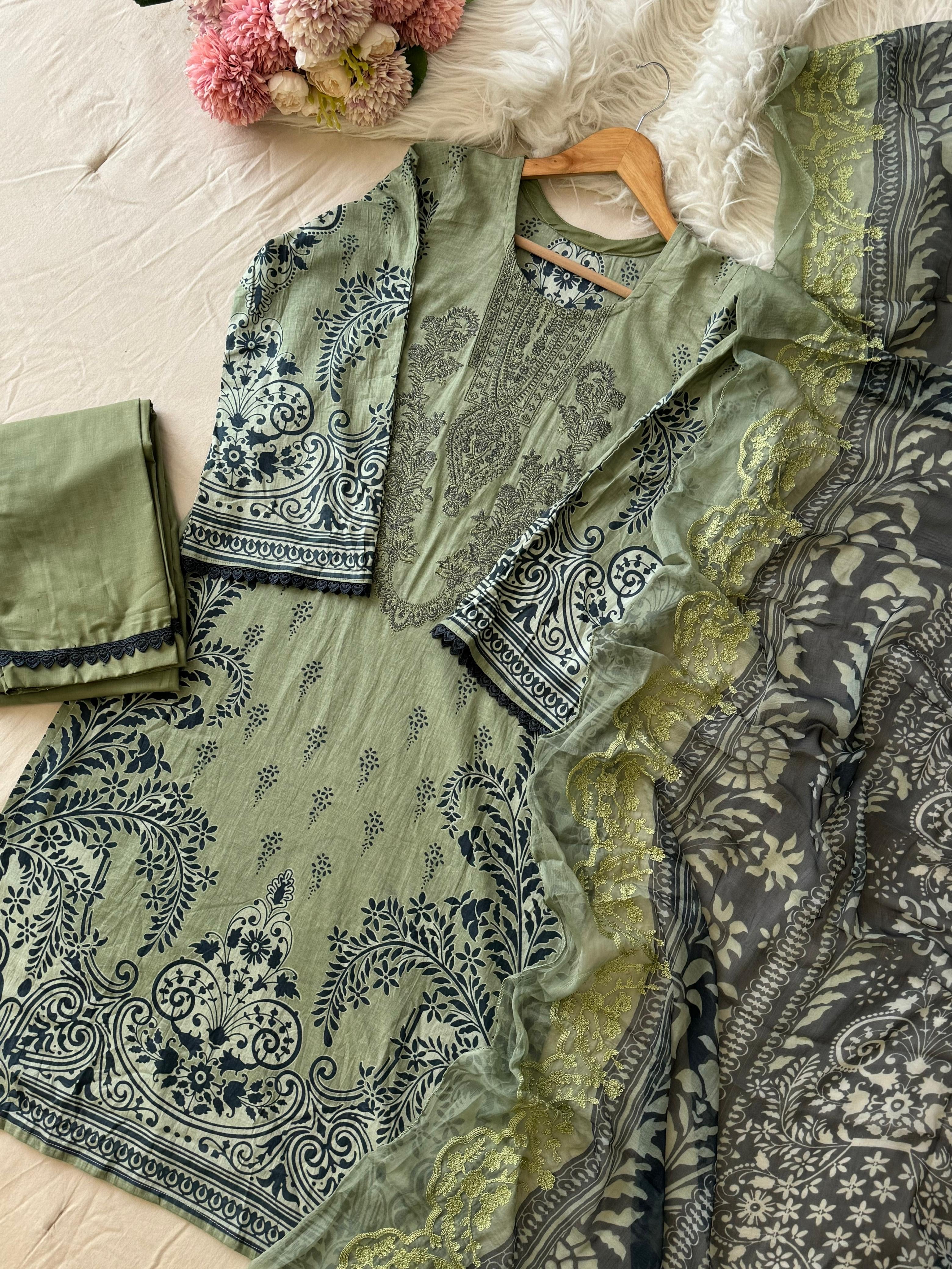 Green  Printed Unstitched Suit 3974